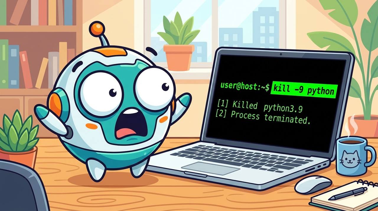 Shocked cartoon robot staring at a laptop showing kill -9 python
