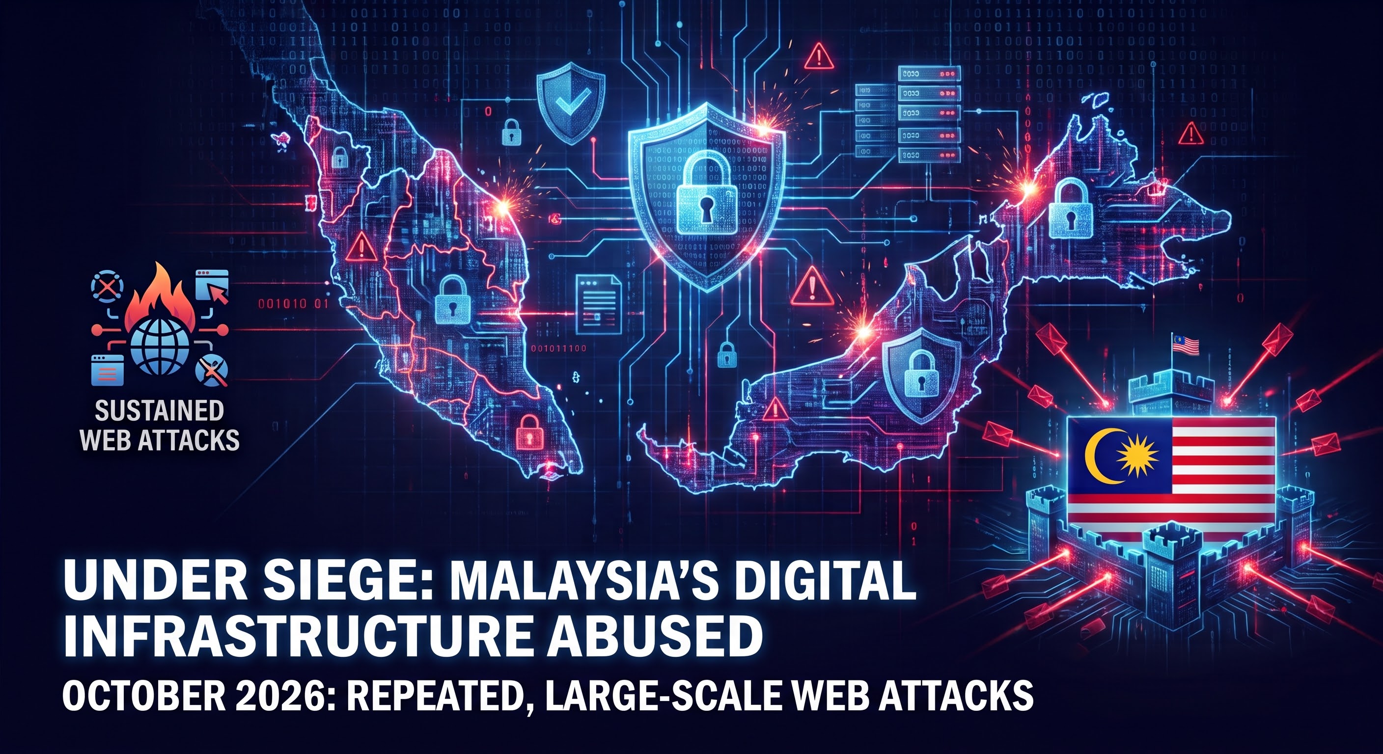 Cover graphic: sustained large-scale web attacks against Malaysia's digital infrastructure, October 2026