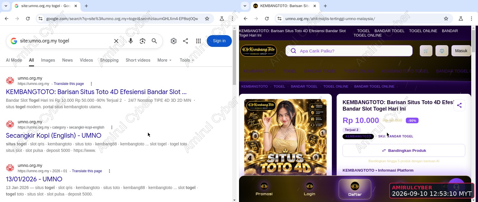 Figure 10. Live Google search showing a gambling result under umno.org.my, and the casino page served at that address