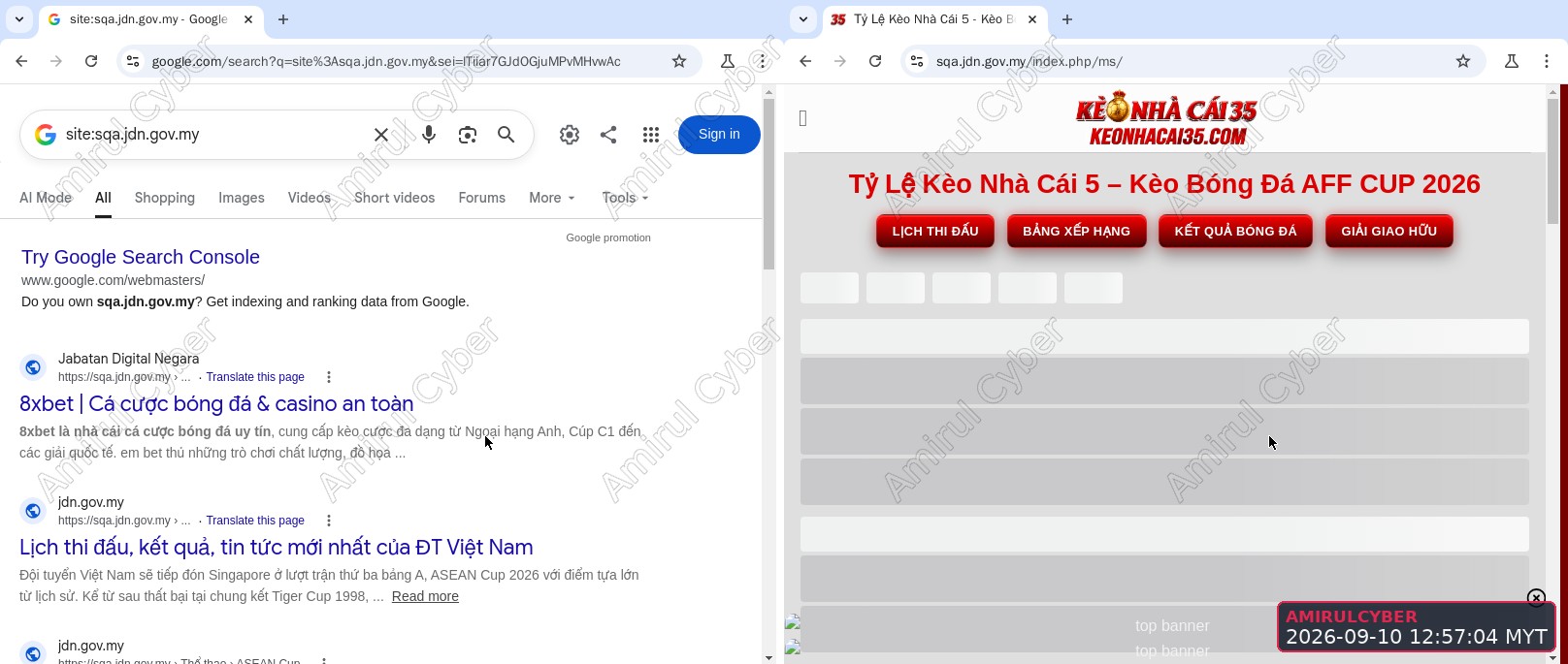 Figure 3. JDN SQA subdomain: Google's index vs the injected page