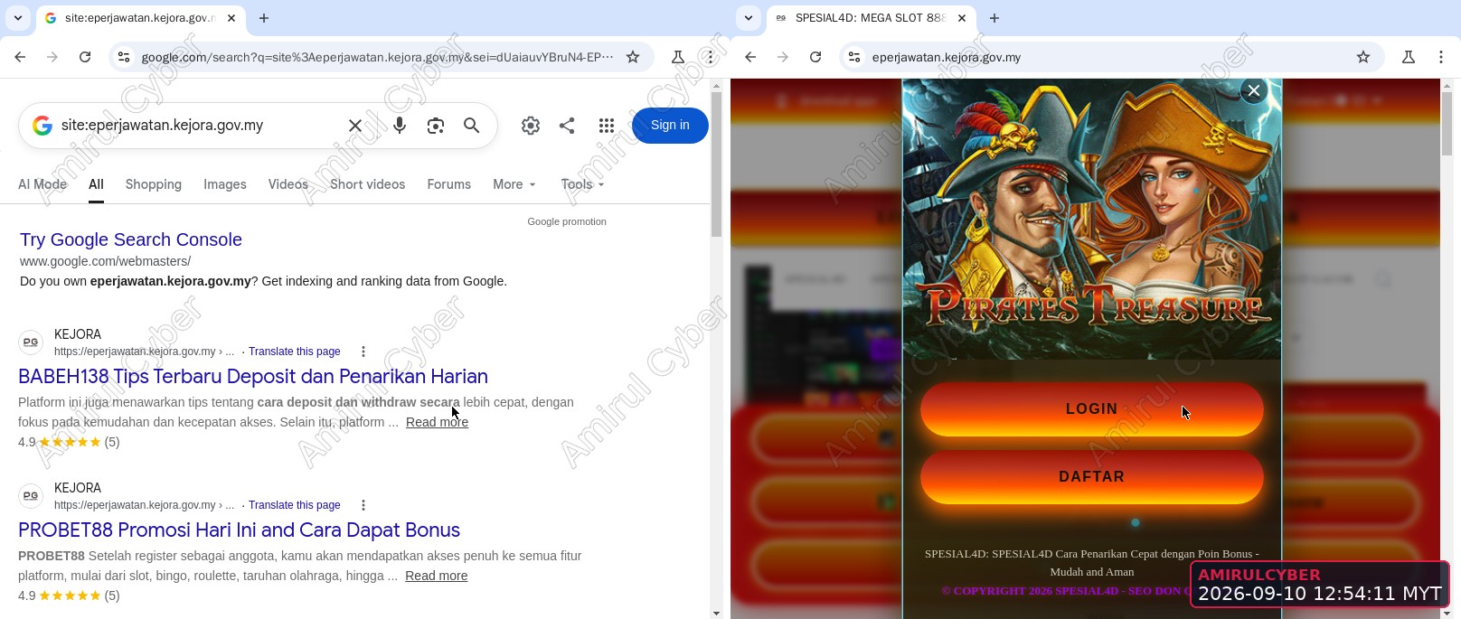 Figure 4. KEJORA eperjawatan subdomain: Google's index vs the injected page